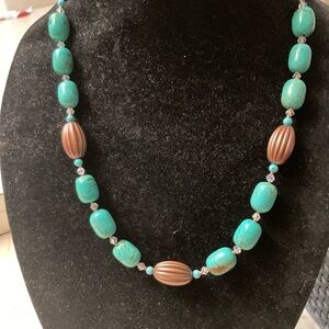 Turquoise Barrels and Copper Beaded Necklace 23”